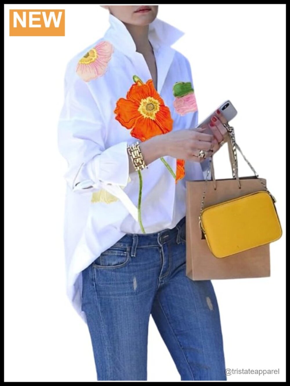Women's Loose Fit Long Sleeve Floral V Neck Button Down Blouse, High Low Tied